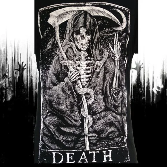 DEATH TAROT BLACK T-SHIRT Mens Med GRIM REAPER goth witch occult